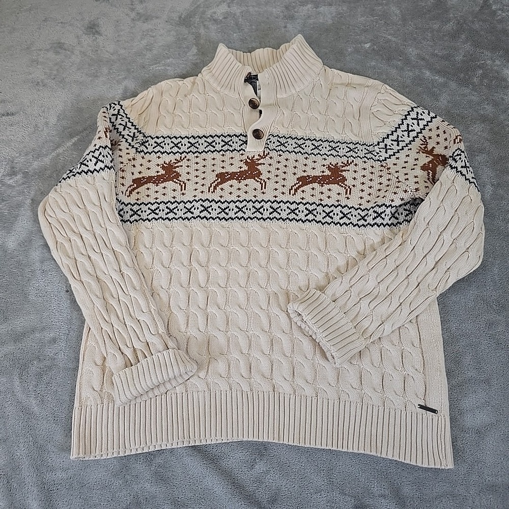 Flower And Denim Ricky Singh Sweater Womens Large Cream Reindeer Christmas